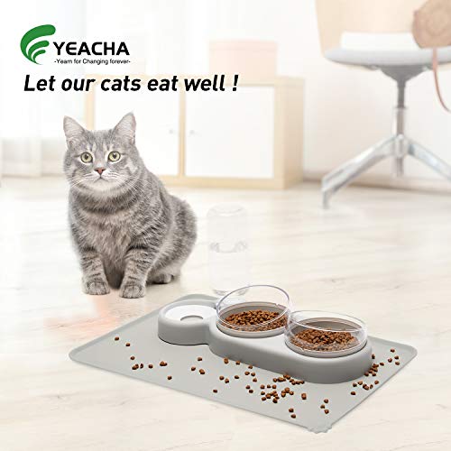 YEACHA Raised Cat Bowls, Tilt Cat Dog Food Water Elevated Bowls Set with Automatic Water Bottle, with Silicon Waterproof Mat, for Cats Small Dogs, Grey