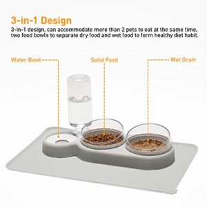YEACHA Raised Cat Bowls, Tilt Cat Dog Food Water Elevated Bowls Set with Automatic Water Bottle, with Silicon Waterproof Mat, for Cats Small Dogs, Grey
