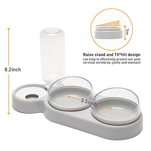 YEACHA Raised Cat Bowls, Tilt Cat Dog Food Water Elevated Bowls Set with Automatic Water Bottle, with Silicon Waterproof Mat, for Cats Small Dogs, Grey