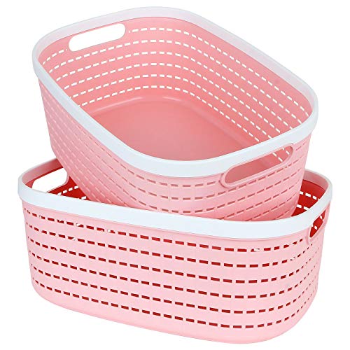 2 Pack Plastic Storage Basket Pink, Large Plastic Woven Basket with Portable Handle, Kitchen Pantry Refrigerator Desktop Storage Boxes for Cabinet Freezer Bathroom Closet, 15” x 10” x 6”