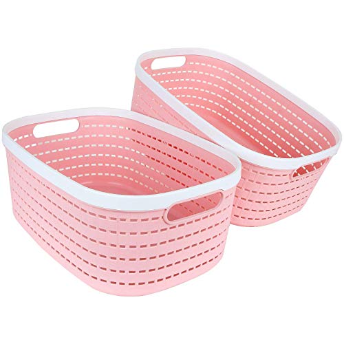 2 Pack Plastic Storage Basket Pink, Large Plastic Woven Basket with Portable Handle, Kitchen Pantry Refrigerator Desktop Storage Boxes for Cabinet Freezer Bathroom Closet, 15” x 10” x 6”