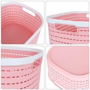 2 Pack Plastic Storage Basket Pink, Large Plastic Woven Basket with Portable Handle, Kitchen Pantry Refrigerator Desktop Storage Boxes for Cabinet Freezer Bathroom Closet, 15” x 10” x 6”