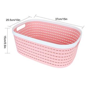 2 Pack Plastic Storage Basket Pink, Large Plastic Woven Basket with Portable Handle, Kitchen Pantry Refrigerator Desktop Storage Boxes for Cabinet Freezer Bathroom Closet, 15” x 10” x 6”