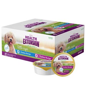 health extension wet dog food, grain-free, natural food cups for small breed dogs with added vitamins, include 6 chicken recipe cups & 6 turkey recipe cups, each cup weight (3.5 oz / 99.2 g)