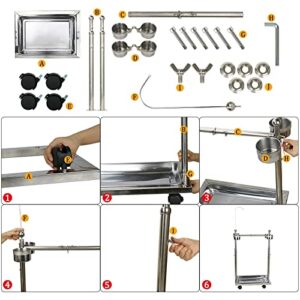 Ozzptuu Metal Bird Feeder Stand Adjustable Height Rolling Bird Perch Play Stand Parrot Playstand with Universal Wheels and Feeding Bowls
