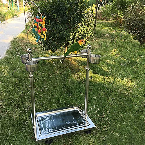 Ozzptuu Metal Bird Feeder Stand Adjustable Height Rolling Bird Perch Play Stand Parrot Playstand with Universal Wheels and Feeding Bowls