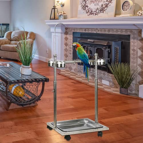 Ozzptuu Metal Bird Feeder Stand Adjustable Height Rolling Bird Perch Play Stand Parrot Playstand with Universal Wheels and Feeding Bowls