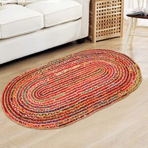 jute multi chindi oval braided rug, hand woven reversible, suitable for kitchen, living room, bedroom, vintage area rug, colorful jute chindi rug, entry gate jute rug-36x60 inch multi color