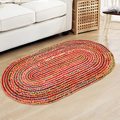 Jute Multi Chindi Oval Braided Rug, Hand Woven Reversible, Suitable for Kitchen, Living Room, Bedroom, Vintage Area Rug, Colorful Jute Chindi Rug, Entry Gate Jute Rug-36x60 inch Multi Color