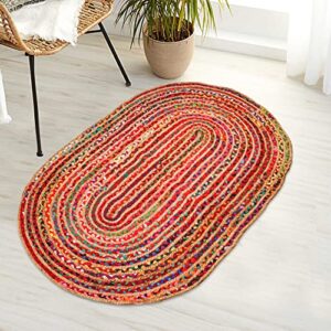 Jute Multi Chindi Oval Braided Rug, Hand Woven Reversible, Suitable for Kitchen, Living Room, Bedroom, Vintage Area Rug, Colorful Jute Chindi Rug, Entry Gate Jute Rug-36x60 inch Multi Color