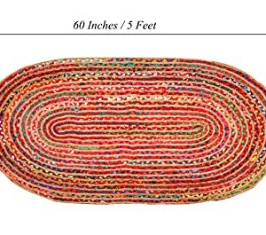 Jute Multi Chindi Oval Braided Rug, Hand Woven Reversible, Suitable for Kitchen, Living Room, Bedroom, Vintage Area Rug, Colorful Jute Chindi Rug, Entry Gate Jute Rug-36x60 inch Multi Color