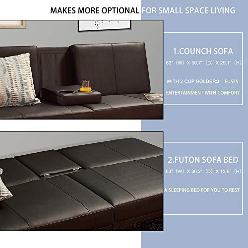 LOKATSE HOME Futon Sofa Bed Modern Faux Leather Couch Convertible Folding Recliner Living Room Furniture with 2 Cup Holders, Black