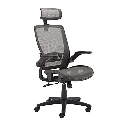 Amazon Basics Ergonomic Adjustable High-Back Chair with Flip-Up Arms and Headrest, Contoured Mesh Seat - Grey, 25.5"D x 26.25"W x 45.5"H