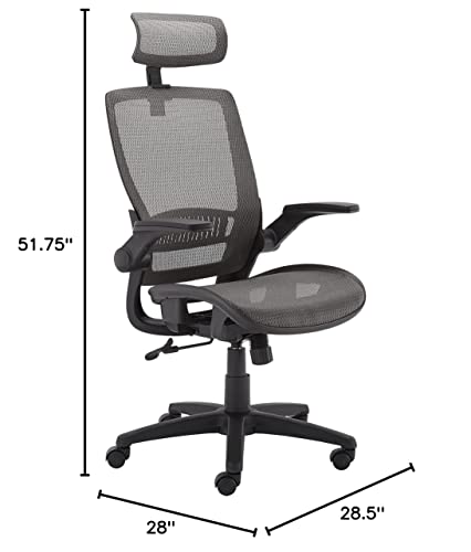 Amazon Basics Ergonomic Adjustable High-Back Chair with Flip-Up Arms and Headrest, Contoured Mesh Seat - Grey, 25.5"D x 26.25"W x 45.5"H