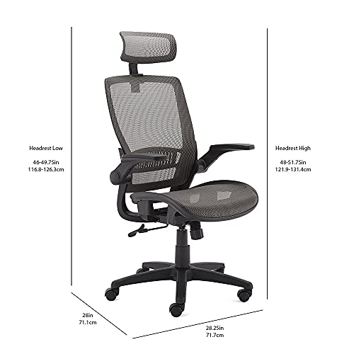 Amazon Basics Ergonomic Adjustable High-Back Chair with Flip-Up Arms and Headrest, Contoured Mesh Seat - Grey, 25.5"D x 26.25"W x 45.5"H