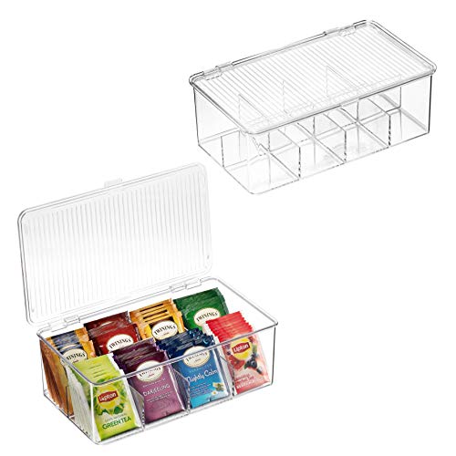 2 Pack Stackable Plastic Tea Bag Organizer - Storage Bin Box for Kitchen Cabinets, Countertops, Pantry - Holds Beverage Bags, Cups, Pods, Packets, Condiment Accessories Holder