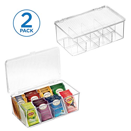 2 Pack Stackable Plastic Tea Bag Organizer - Storage Bin Box for Kitchen Cabinets, Countertops, Pantry - Holds Beverage Bags, Cups, Pods, Packets, Condiment Accessories Holder