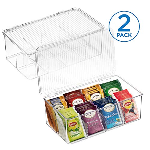 2 Pack Stackable Plastic Tea Bag Organizer - Storage Bin Box for Kitchen Cabinets, Countertops, Pantry - Holds Beverage Bags, Cups, Pods, Packets, Condiment Accessories Holder