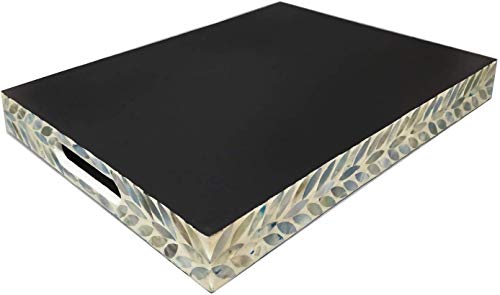 I-lan Creative Rectangular Mother of Pearl Shell Severing Tray Lacquer Wooden Decorative Tray Handmade Shell Serving Tray (35cm)