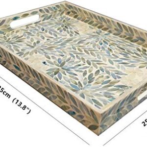 I-lan Creative Rectangular Mother of Pearl Shell Severing Tray Lacquer Wooden Decorative Tray Handmade Shell Serving Tray (35cm)