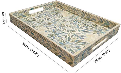 I-lan Creative Rectangular Mother of Pearl Shell Severing Tray Lacquer Wooden Decorative Tray Handmade Shell Serving Tray (35cm)