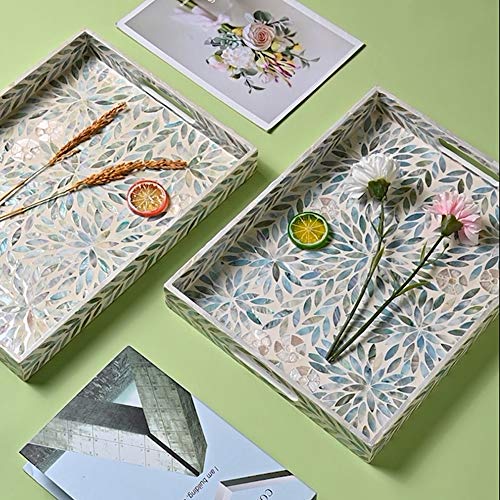 I-lan Creative Rectangular Mother of Pearl Shell Severing Tray Lacquer Wooden Decorative Tray Handmade Shell Serving Tray (35cm)