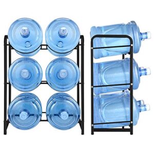 water bottle storage rack, 3-tier reinforced carbon steel water jug holder for 6 bottles of 5-gallon water cooler bottles organizer for office, family, garages, restaurant, and gym. black