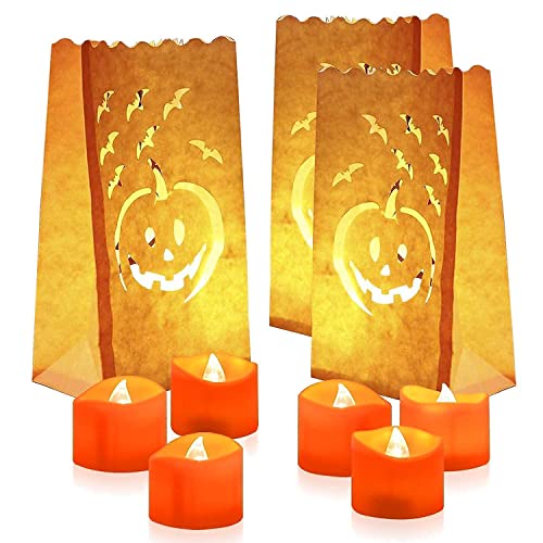 Homemory 24 Pcs Orange LED Tealight Candles with 24 Pcs Orange Halloween Luminary Bags