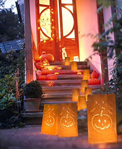 Homemory 24 Pcs Orange LED Tealight Candles with 24 Pcs Orange Halloween Luminary Bags