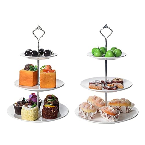 Tebery 2 Pack Ceramic Cake Stand Dessert Display Tower Stand - 6, 8, 10 Inches, 3-Tier Serving Tray Platter Party Food Server Display Holder with Silver Carry Holder