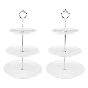 Tebery 2 Pack Ceramic Cake Stand Dessert Display Tower Stand - 6, 8, 10 Inches, 3-Tier Serving Tray Platter Party Food Server Display Holder with Silver Carry Holder