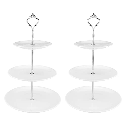 Tebery 2 Pack Ceramic Cake Stand Dessert Display Tower Stand - 6, 8, 10 Inches, 3-Tier Serving Tray Platter Party Food Server Display Holder with Silver Carry Holder