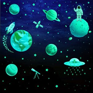 glow in the dark stars for ceiling, solar system wall stickers for kids, planet wall decals, glowing stars, space decor for boys room, galaxy astronaut rocket spacecraft alien decoration