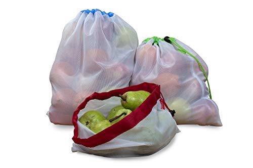 Premium Reusable Mesh Produce Bags With Drawstring - Mesh Produce Bags With Tare Weight - Set of 9 Reusable Grocery Bags - Washable Produce Bags for Fruit and Veg - BPA Free Mesh Bags for Vegetables