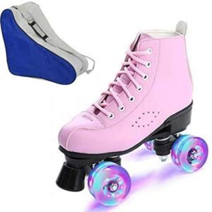 Roller Skates for Women, Classic Double-Row Roller Skates Pu Leather Roller Skate Boys and Girls Unisex Indoor and Outdoor Skates, Easy Carrying (Pink Flash Wheel,9)
