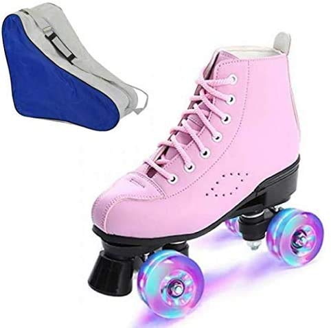 Roller Skates for Women, Classic Double-Row Roller Skates Pu Leather Roller Skate Boys and Girls Unisex Indoor and Outdoor Skates, Easy Carrying (Pink Flash Wheel,9)