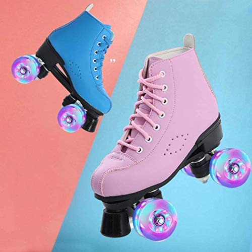 Roller Skates for Women, Classic Double-Row Roller Skates Pu Leather Roller Skate Boys and Girls Unisex Indoor and Outdoor Skates, Easy Carrying (Pink Flash Wheel,9)