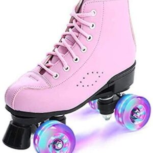 Roller Skates for Women, Classic Double-Row Roller Skates Pu Leather Roller Skate Boys and Girls Unisex Indoor and Outdoor Skates, Easy Carrying (Pink Flash Wheel,9)