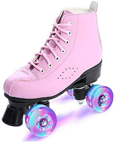 Roller Skates for Women, Classic Double-Row Roller Skates Pu Leather Roller Skate Boys and Girls Unisex Indoor and Outdoor Skates, Easy Carrying (Pink Flash Wheel,9)