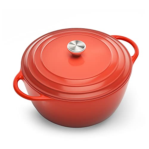 HUABANG Enameled Cast Iron Dutch Oven with Lid,Cast Iron Pot, Diameter Suitable For All Kinds of Cookware and Induction Cooker,Dishwasher,Suitable for Making Food (4.3 Quart, Cerise Round)