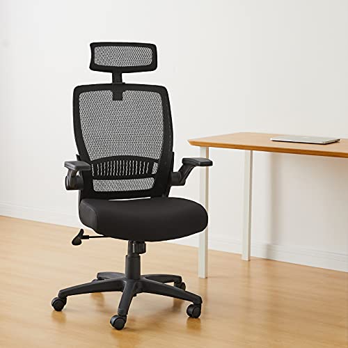 Amazon Basics Ergonomic Adjustable High-Back Mesh Chair with Flip-Up Arms and Headrest, Upholstered Mesh Seat - Black