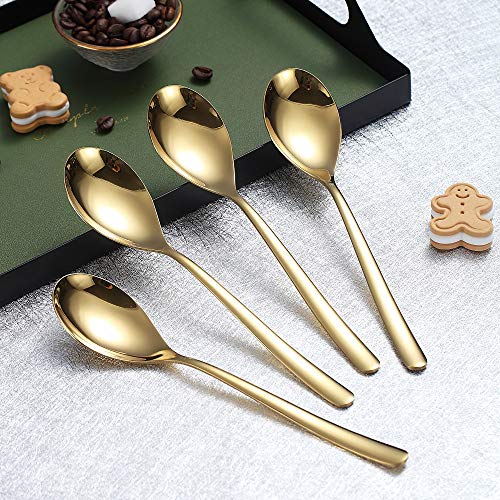 Gold Soup Spoons 4 Pieces, Homquen Stainless Steel 8.1" Smooth Edge Modern Design Spoon Silverware Set Dinner Spoon Table Spoon, Dessert Spoon Dishwasher Safe