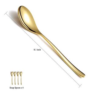 Gold Soup Spoons 4 Pieces, Homquen Stainless Steel 8.1" Smooth Edge Modern Design Spoon Silverware Set Dinner Spoon Table Spoon, Dessert Spoon Dishwasher Safe