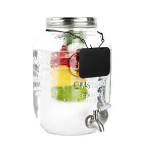 2 gallon glass beverage dispenser with ice and fruit infusers, stainless steel spigot, chalkboard label and metal lid, wide mouth lemonade drink dispenser, yorkshire mason jar, kombucha fermenting