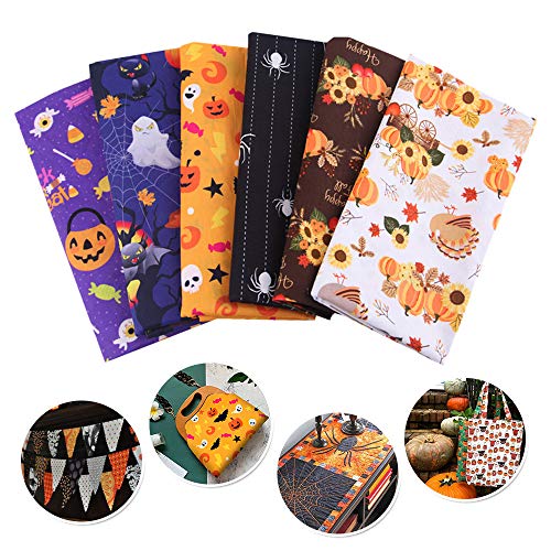 Junejour 6pcs Halloween Style Cotton Craft Fabric 25cm x 25cm Sewing Patchwork Cloths DIY Craft Squares Fabric Halloween Pumpkin Ghost Floral Pattern for DIY Art Crafts