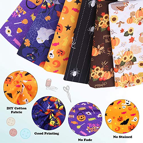 Junejour 6pcs Halloween Style Cotton Craft Fabric 25cm x 25cm Sewing Patchwork Cloths DIY Craft Squares Fabric Halloween Pumpkin Ghost Floral Pattern for DIY Art Crafts