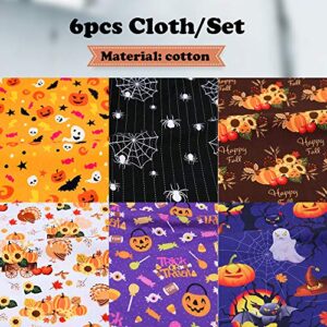 Junejour 6pcs Halloween Style Cotton Craft Fabric 25cm x 25cm Sewing Patchwork Cloths DIY Craft Squares Fabric Halloween Pumpkin Ghost Floral Pattern for DIY Art Crafts