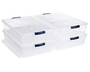 rubbermaid cleverstore clear 41 qt/10.25 gal, pack of 4 stackable plastic containers with durable latching clear lids, visible storage, great for craft, tool, and toy storage