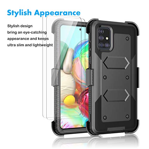 Njjex Rugged Case For Samsung Galaxy A71 5G, For Galaxy A71 Case + Tempered Glass Screen Protector [2 Pack], [Nbeck] Shockproof Heavy Duty Locking Swivel Holster Belt Clip Kickstand Hard Cover [Black]