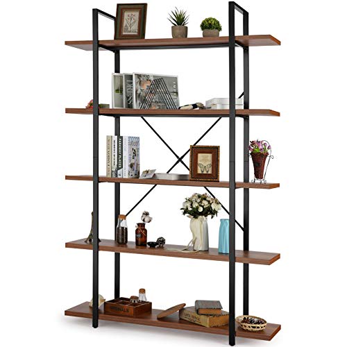 5 tier Industrial Bookshelf, 6 Foot Tall Solid Etagere Bookcase, 72 H x 12 W x 47D Inches, Free Standing Book Shelves for Living Room, Bedroom, Office, Black Metal Frame and Warm Rustic Brown Wood